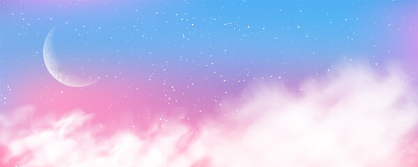 Dreamy pastel pink background with glitter sparkles, cute moon and stars creating magical princess atmosphere with soft gradient and shimmering bokeh effects in pink hues © Narin