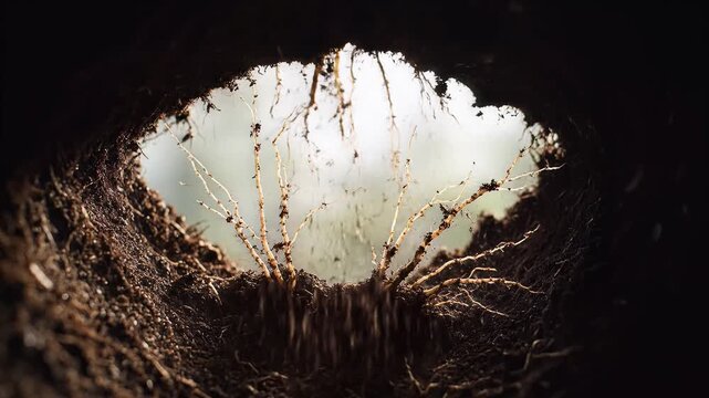 Roots emerging from dark hole with dirt, slow motion, symbolizing growth and renewal.