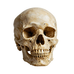 Obraz premium Detailed human skull with speckled surface on a stark white background