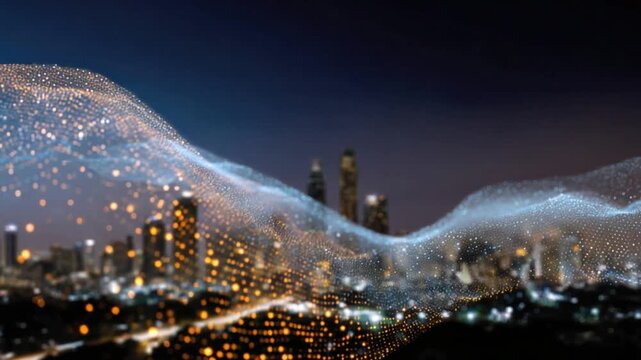 City lights in the night: Captivating cityscape illuminated in twilight, with a network of light weaving through the buildings and sky.