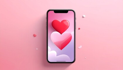 A modern smartphone displaying two stacked, glossy hearts against a pink gradient. Small heart shapes float on the background