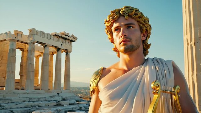 Ancient Greek God or Hero Portrait: Muscular Male in Toga, Lyre, Dramatic Pose, Ruins Backdrop, Mythology Illustration.