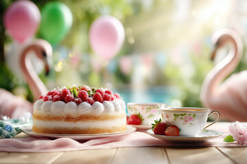 Elegant Raspberry Cream Cake and Tea for Outdoor Celebration