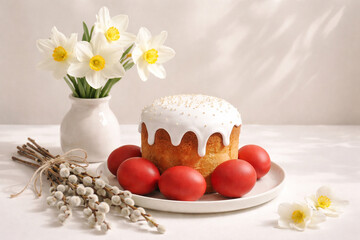 Traditional Orthodox Easter Still Life with Kulich and Red Eggs