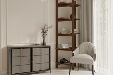 A chic, minimalist living room corner featuring a gray mirrored cabinet, a tall dark wood bookshelf, and an elegant cream armless chair by a sunlit window © omkuhh