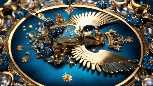 Artwork shows detailed coat of arms with eagle and crown, surrounded by blue and gold decorations in a close-up view
