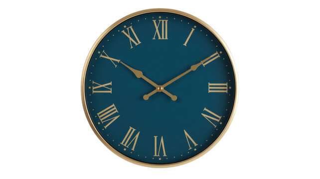 Blue clock with gold Roman numerals and hands isolated on a transparent background