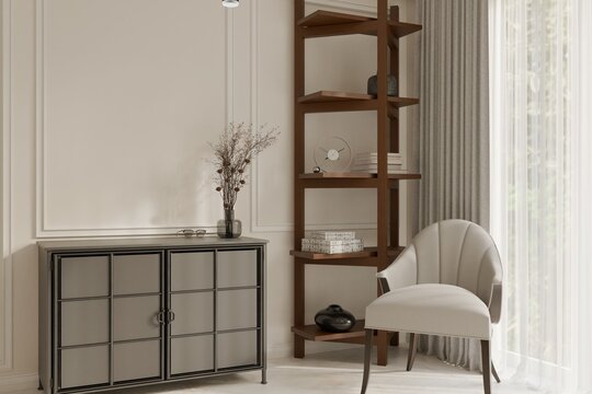 A chic, minimalist living room corner featuring a gray mirrored cabinet, a tall dark wood bookshelf, and an elegant cream armless chair by a sunlit window