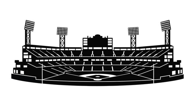 A striking black and white illustration showcases a baseball stadium s architectural detail in silhouette high quality professional detailed modern