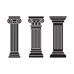 Three ancient greek columns in black and white showcasing architectural orders