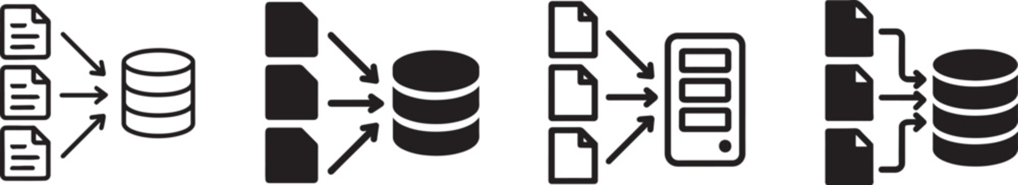 Data merge line icon set. Modern outline symbols for integration, sync and database combine.