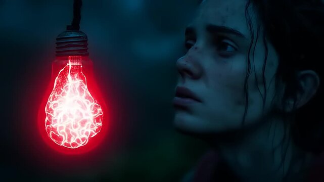 Intense Stare - Woman and Glowing Red Lightbulb in Dark Setting.
