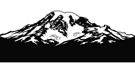 A striking black and white illustration depicts a rugged mountain range with intricate details presented as a silhouette © Nupur02