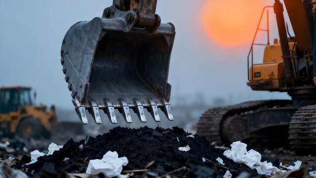 Massive industrial excavator bucket poised to dig into a dark pile of earth and debris at a construction or waste disposal site.