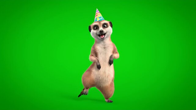 Cute 3D animated meerkat dancing in a colorful party hat