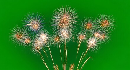 Obraz premium Spectacular Fireworks Display Against a Vibrant Green Backdrop.