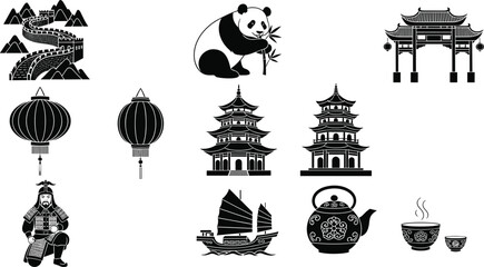 Chinese culture symbols collection panda pagoda lantern Great Wall traditional icons vector illustration isolated set © Monteza