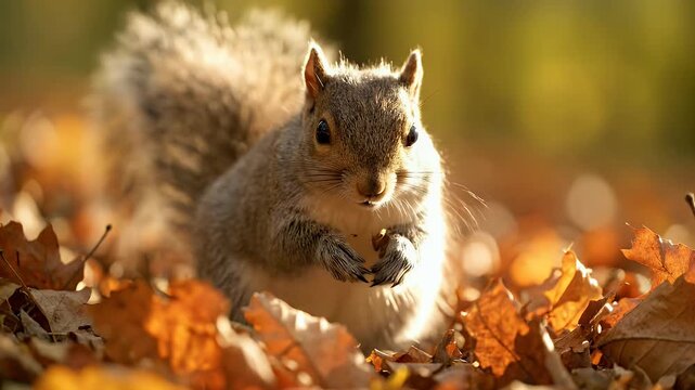Cute gray squirrel foraging and eating a nut among bright autumn leaves