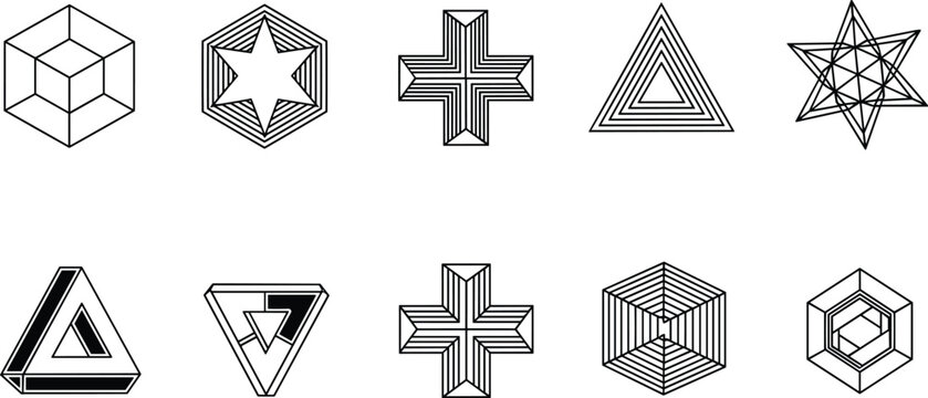 Collection of ten black and white abstract geometric line art shapes featuring impossible triangles optical illusions and isometric stars isolated on a white background.
