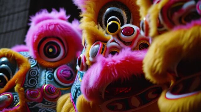 Vibrant Traditional Lion Dance Heads with Intricate Designs and Colors