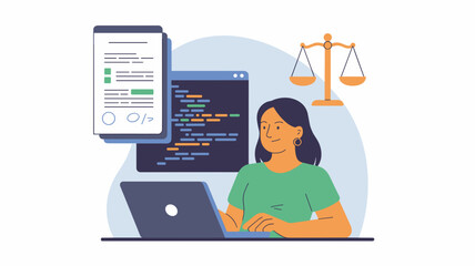 Software developer reviewing code with legal contract document and justice scale icon, Licensing and intellectual property compliance concept.