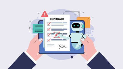 AI system reviewing digital contract on tablet with checkmarks and warning icons, Artificial intelligence automating legal document compliance analysis concept.