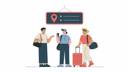 Travelers standing under meeting point sign with location pin symbol, Public venue coordination and travel planning concept.