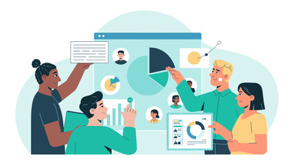 Marketing team reviewing analytics dashboard with customer segmentation charts and demographic data, Audience targeting and strategic planning concept.