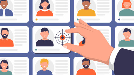 Hand selecting target over user profile card in digital interface, Audience targeting and personalized marketing strategy concept.