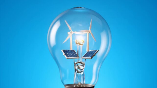 Renewable energy concept glowing inside light bulb on blue