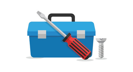 A bright blue toolbox with a red screwdriver and a silver screw depicted in a flat design silhouette high quality professional