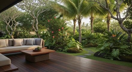 Fototapeta premium Modern Outdoor Sofa with Pillows and Coffee Table.