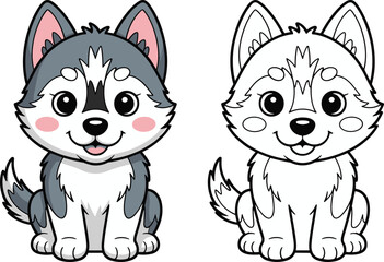 Cute cartoon husky puppy illustration set with colored and outline versions, adorable dog character isolated on white background for kids coloring design © AKIBUR