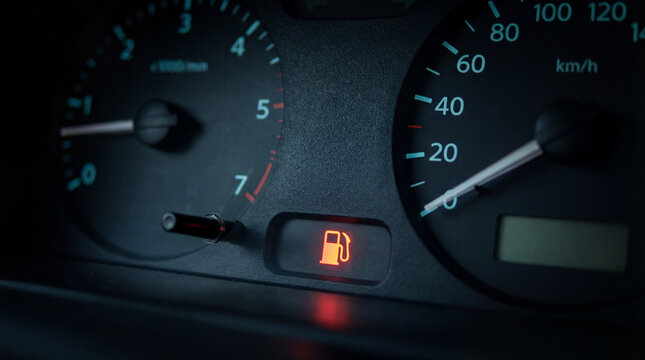 Fuel warning icon on car dashboard. Low fuel alert beside speedometer closeup, fuel economy concept for road trip planning, holiday travel safety, empty tank reminder, copy space now