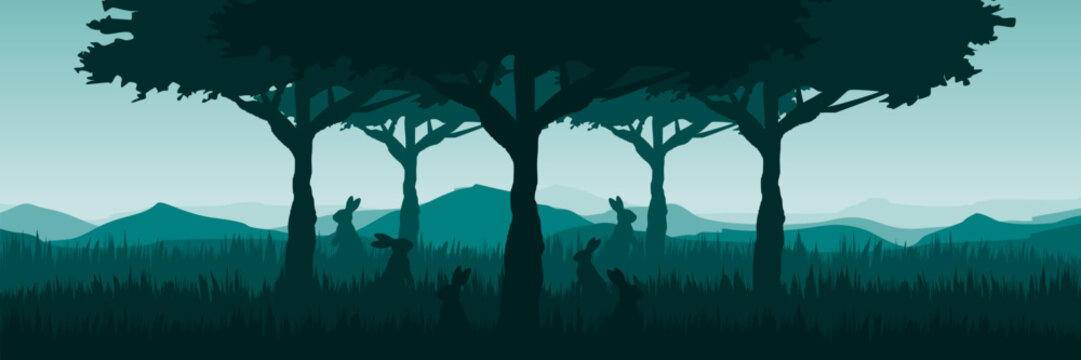 Serene outdoor scene with silhouette of bunnies and trees in misty monochromatic valley