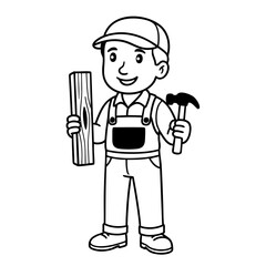 Cheerful cartoon construction worker in white overalls and hard hat holding a hammer and wrench, bright and friendly illustration for work and building themes.