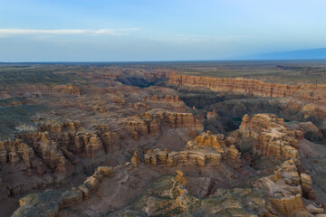 Aerial panoramic view of Charyn Canyon and dramatic rock structures