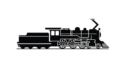 A striking black silhouette depicts a vintage steam locomotive showcasing classic railway transport history silhouette high quality professional detailed modern elegant © CreativeAlim02