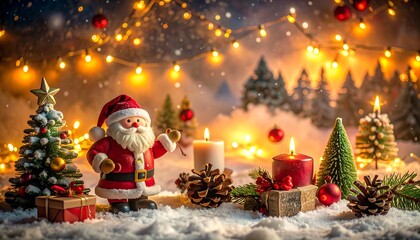 A festive scene showcases a miniature Santa Claus with surrounding decorations, candles, and pine trees, all set on a snowy surface with warm string lights