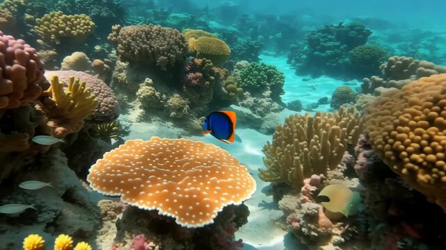 Vivid underwater coral reef ecosystem with blue tang fish exploring diverse marine life and coral formations