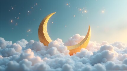Fototapeta premium Golden crescent moons shining brightly above fluffy white clouds