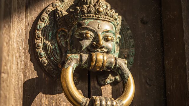 Ancient Ornate Door Knocker Featuring a Detailed Bronze Face with a Crown and Ring Handle on a Weathered Wooden Door in Warm Sunlight