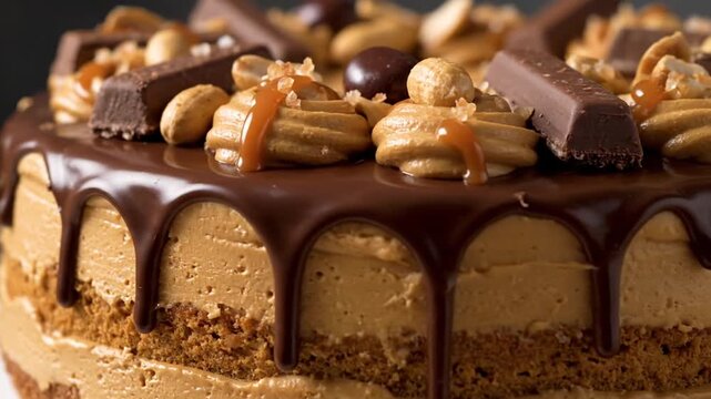 Decadent chocolate peanut butter layer cake with ganache and candies