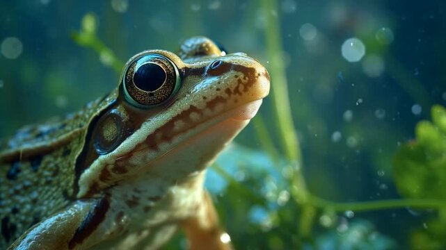 Close up of a Green Frog Head Underwater with Aquatic Plants in the Background