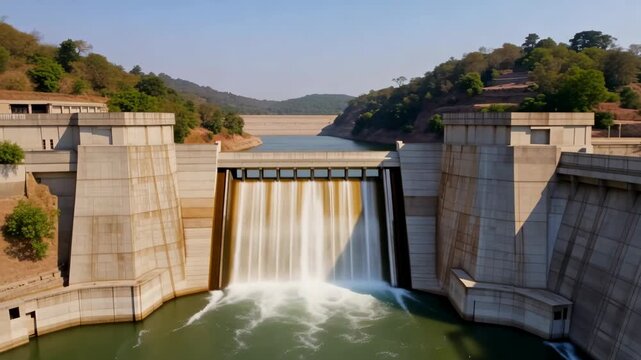 Kariba dam on zambezi river water release aerial view hydroelectric dam wall structure