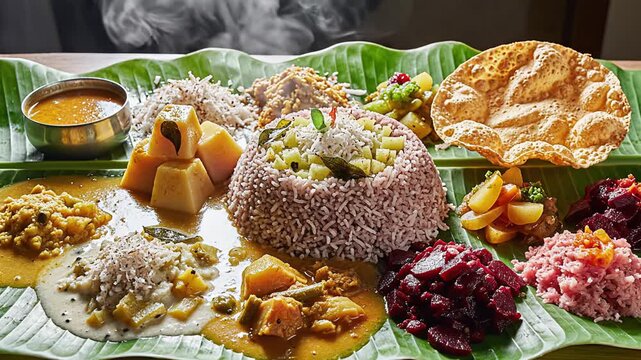 Authentic South Indian Meal Served on Banana Leaf With Steaming Rice And Curries