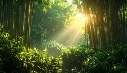 Obraz premium Sunlight filters through bamboo forest, illuminating lush greenery and serene pathway, captured from a tranquil viewpoint.