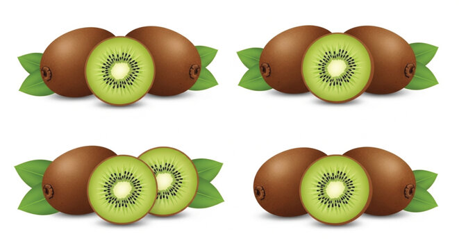 Fresh kiwi fruit vector set with whole and sliced kiwi halves and green leaves isolated on white background