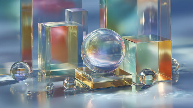 A collection of glass spheres and cubes are arranged on a table. The spheres are of various sizes and colors, while the cubes are all the same size and color