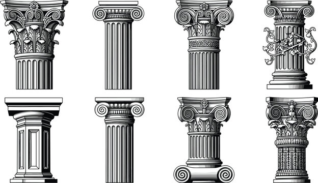 Classical Greek and Roman column capitals collection with Corinthian Ionic and decorative architectural pillars